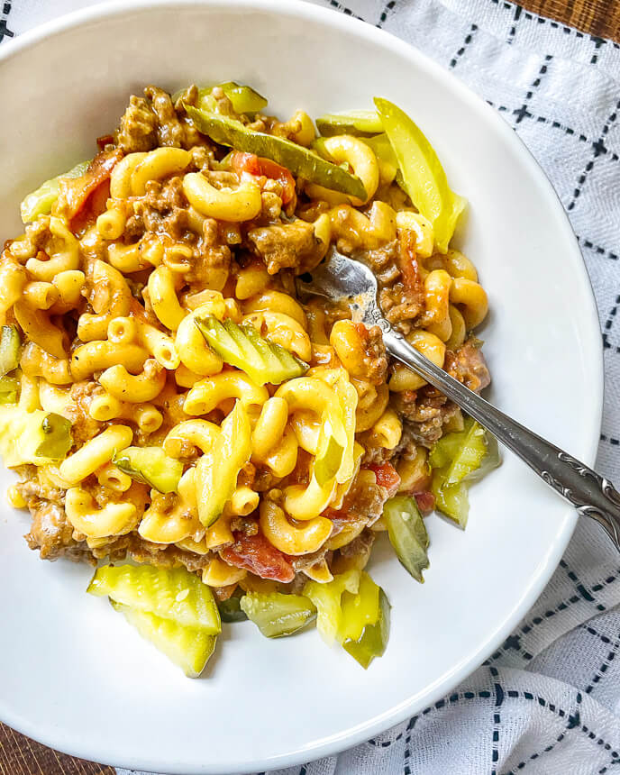 One Pot Bacon Cheeseburger Pasta - The Skinnyish Dish