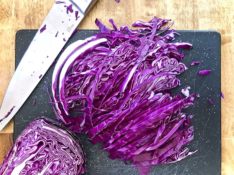 Freshly chopped red cabbage.
