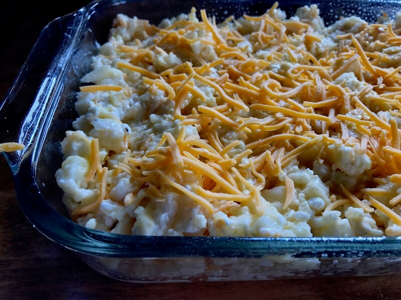 The mixed ingredients have now been moved out of the mixing bowl and spread evenly in a casserole dish, then topped with shredded sharp cheddar cheese. Grab your mitts, cause IT'S OVEN TIME, Y'ALL!