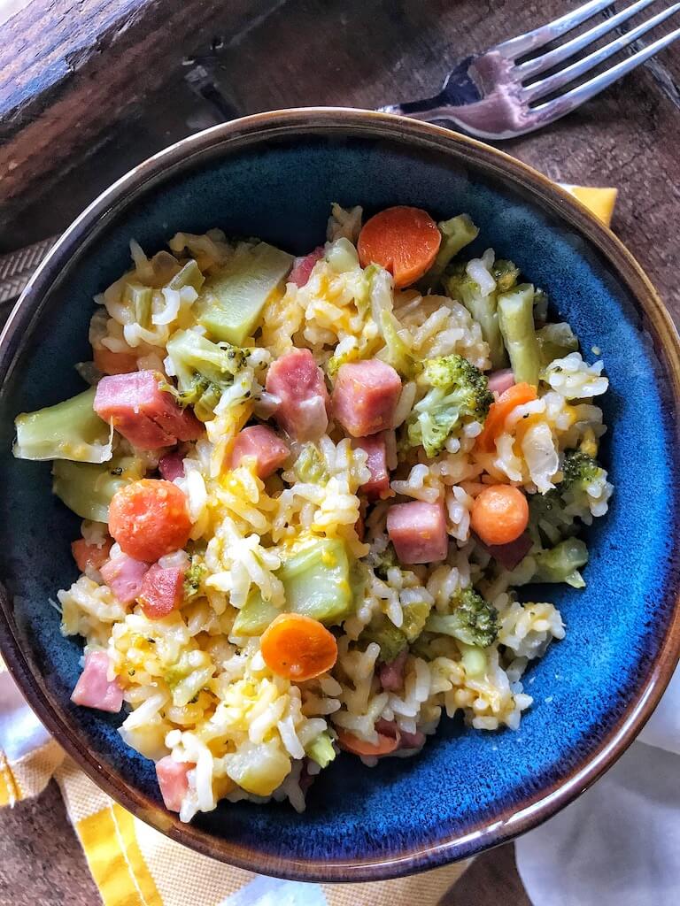 One Pot Cheesy Ham & Rice Skillet - Lightened Up!