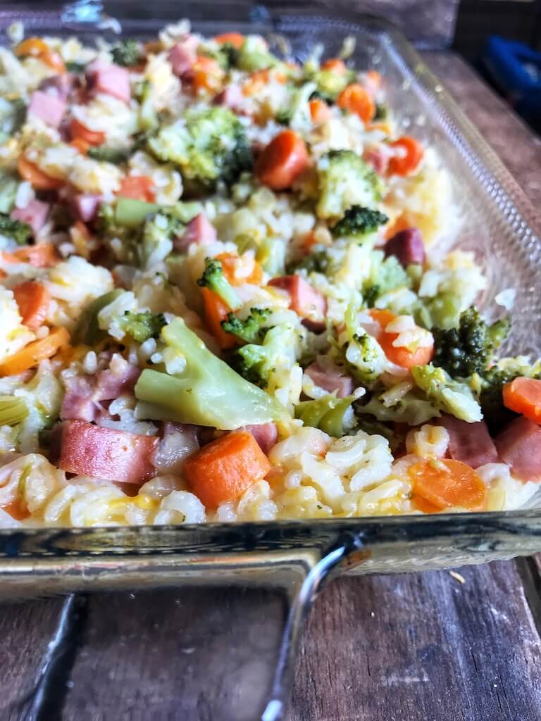 Cheesy Ham and Broccoli Rice Casserole fresh from the oven
