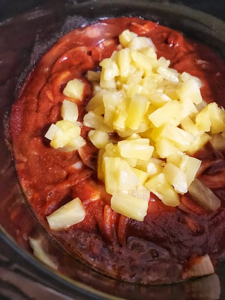 pineapple in crockpot with chicken and bbq mixture