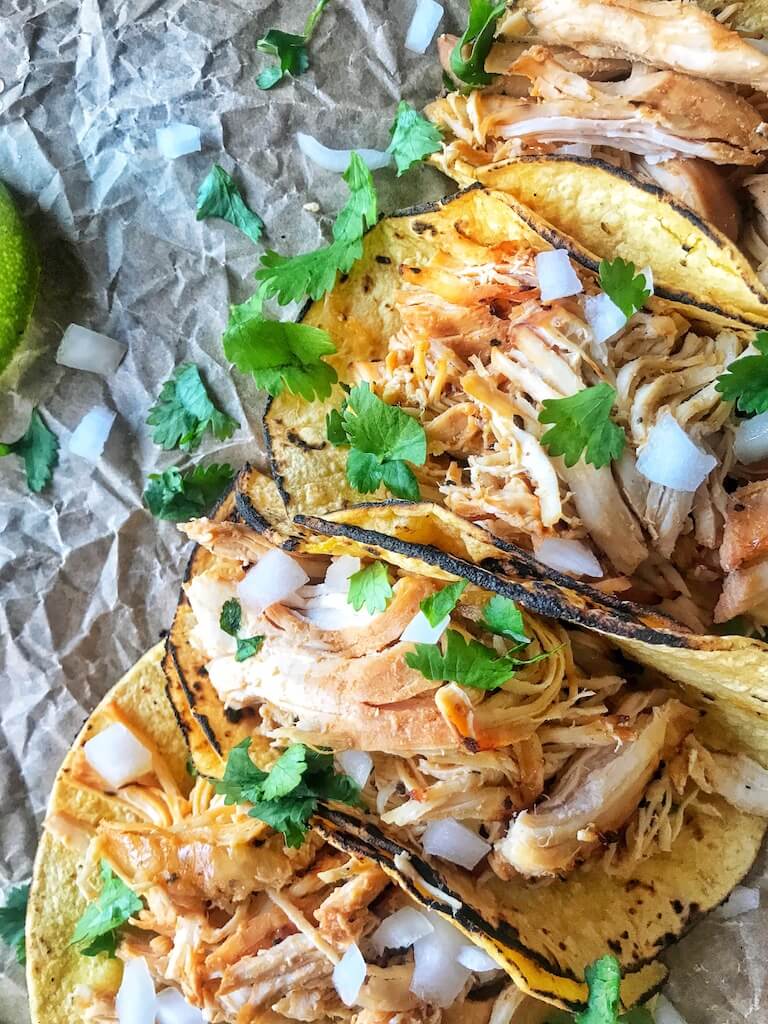 Slow Cooker Chicken Carnitas in corn taco shells with onions and cilantro 