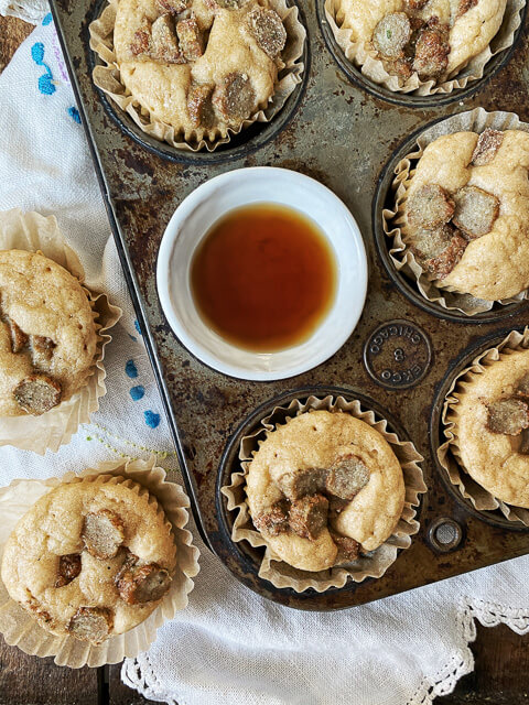 sausage pancake muffins with syrup in pan