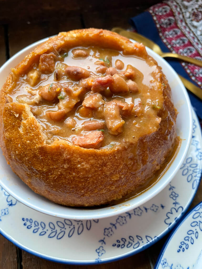 Slow Cooker Ham and Bean Soup in a bowl and a plate
