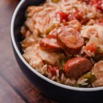 bowl filled with chicken sausage and rice