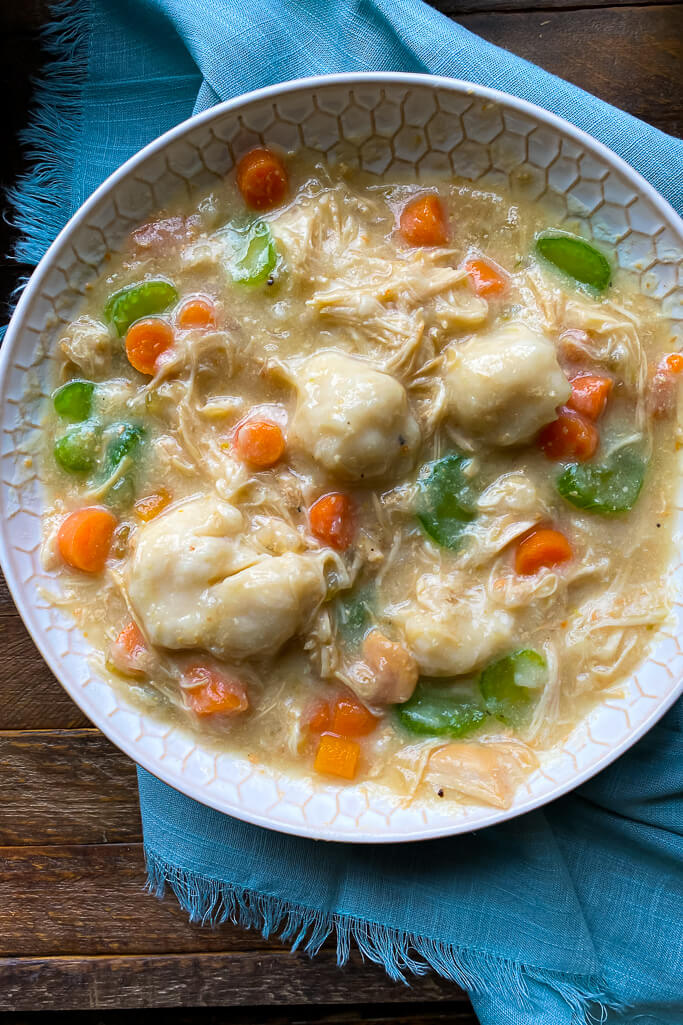 chicken and dumplings in a bowl 