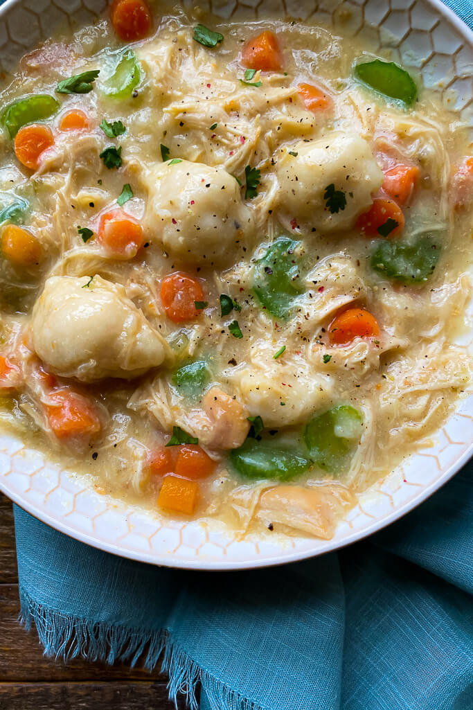 close up photo of chicken and dumplings in a white bowl