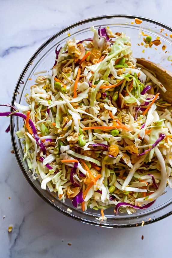 bowl with cabbage and Mandarin oranges- ramen noodle salad