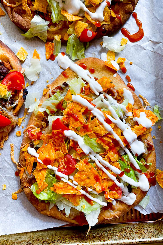 pizza with sour cream drizzled