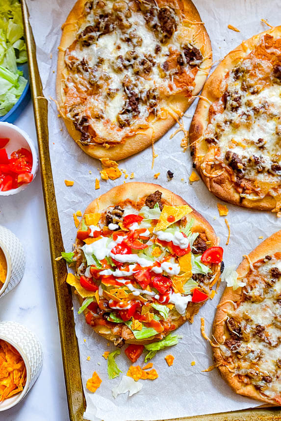 homemade taco pizzas with and without toppings