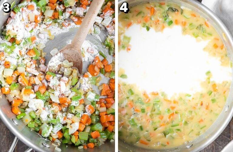 Step-by-step photos showing flour added to sautéed vegetables to form a roux, then broth and milk combined in the pot for creamy chicken pot pie soup.