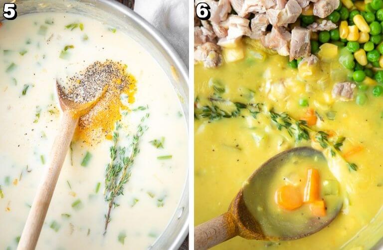 Step-by-step photos showing thyme and spices added to the creamy broth, then peas, corn, and chopped cooked chicken stirred into the simmering chicken pot pie soup.