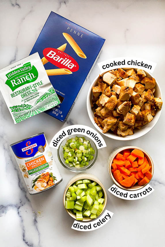 ingredients for recipe: ranch seasoning packet, box of penne pasta, cooked and diced chicken in a bowl, diced carrots in a bowl, diced celery in a bowl, diced green onions in a bowl, can of chicken broth 
