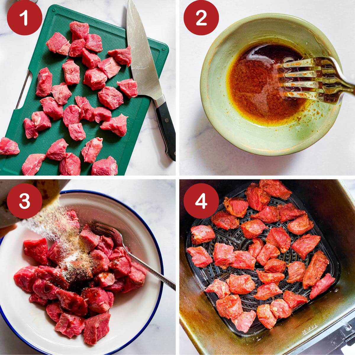 four square photo- 1. raw steak cut into small bite size cubes on a green cutting board with a knife on the side. 2. a small bowl with oil being mixed with seasoning by a fork. 3. bowl with cubes of steak, a fork, and seasoning being sprinkled on top. 4. steak bites in the air fryer before cooking 