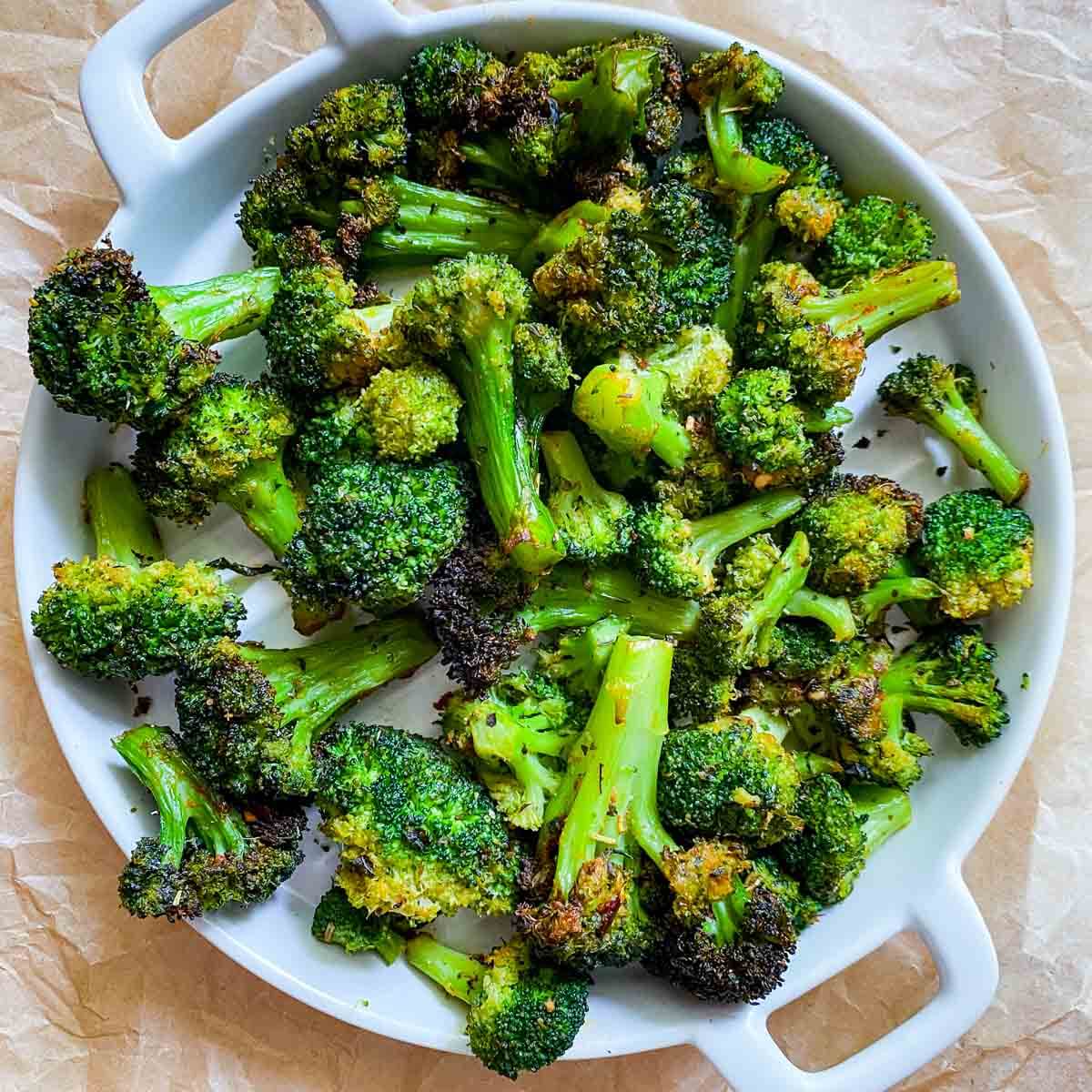 perfectly cooked broccoli made from frozen in the air fryer