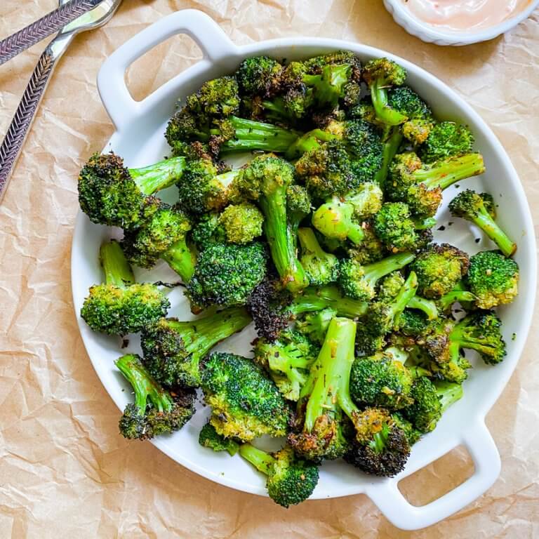 plate with crispy cooked broccoli