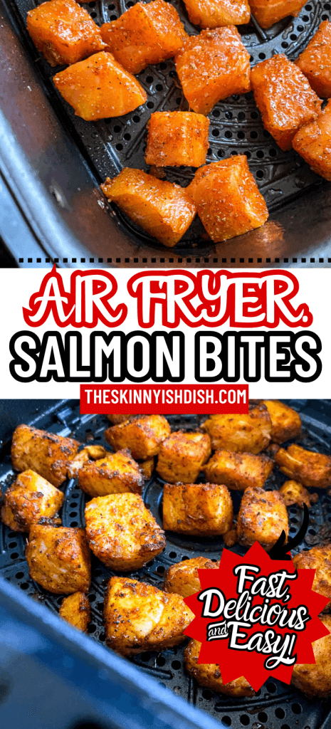 uncooked salmon cubes in air fryer with a second photo showing air fryer salmon bites cooked in the air fryer