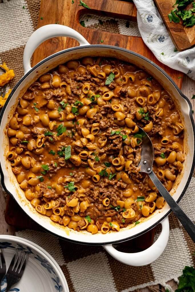homemade hamburger helper in a dutch oven.