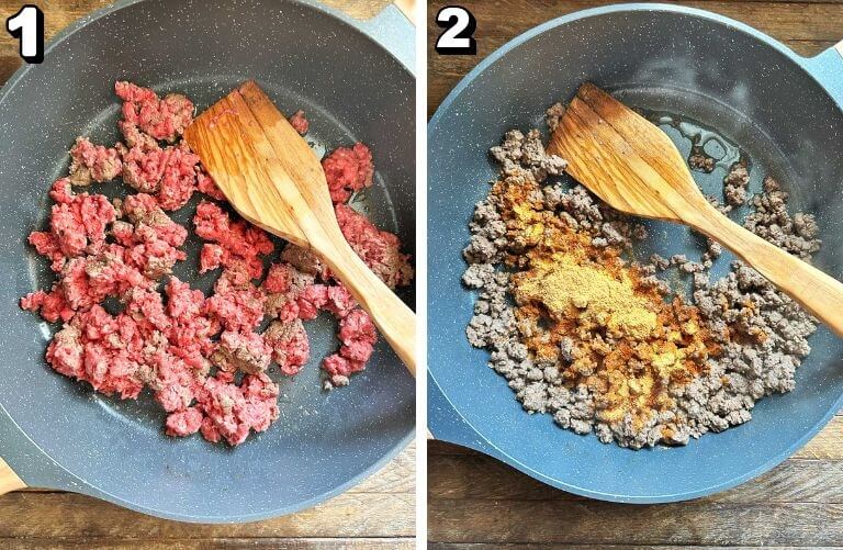 Step by step cooking process for taco rice: ground beef browning in a skillet in step 1, then seasoned with taco seasoning in step 2.