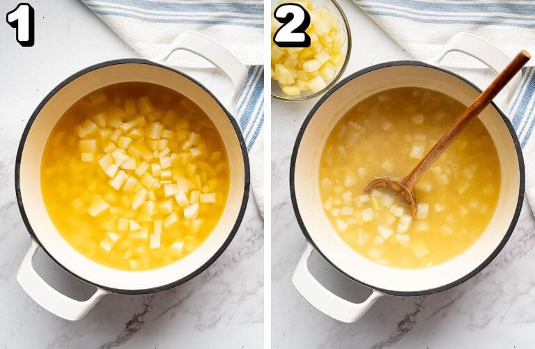 Step-by-step photos showing diced potatoes cooking in broth in a large Dutch oven.
