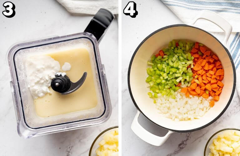 Blending potatoes with cottage cheese to make a creamy base, and sautéing diced celery, carrots, and onion in a Dutch oven.
