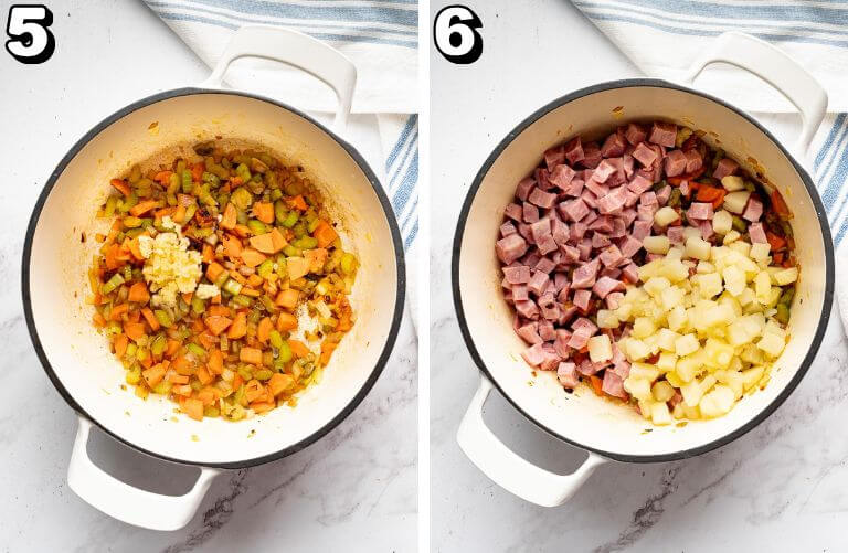 Cooking carrots, celery, and garlic, then adding diced ham and tender potatoes to a Dutch oven.