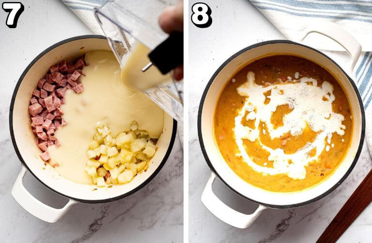 Pouring blended potatoes into cooked ham and potatoes in a Dutch oven, then adding cream to finish.