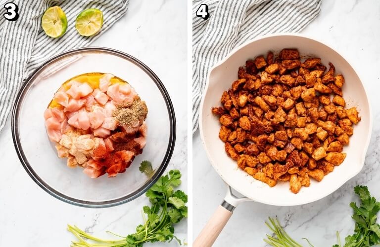 step by step photos of chicken being seasoned in a bowl and then being prepared in a skillet 