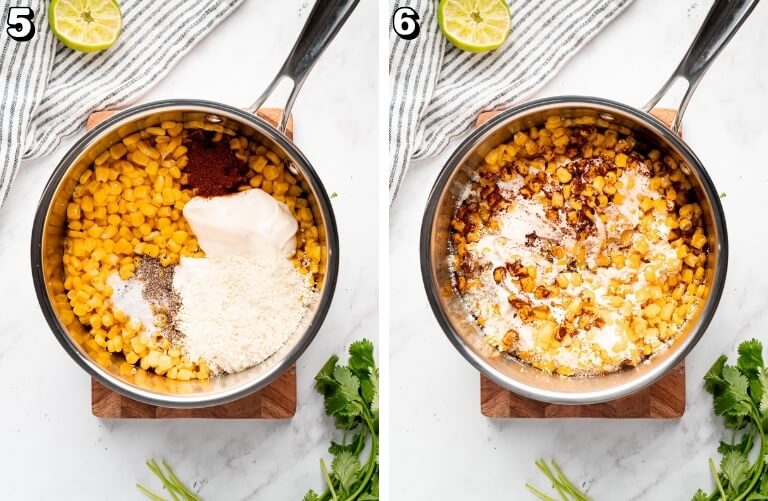 step by step photos. Mexican street corn in a pan with mayo, sour cream, and chili powder then a photo of it being mixed together 