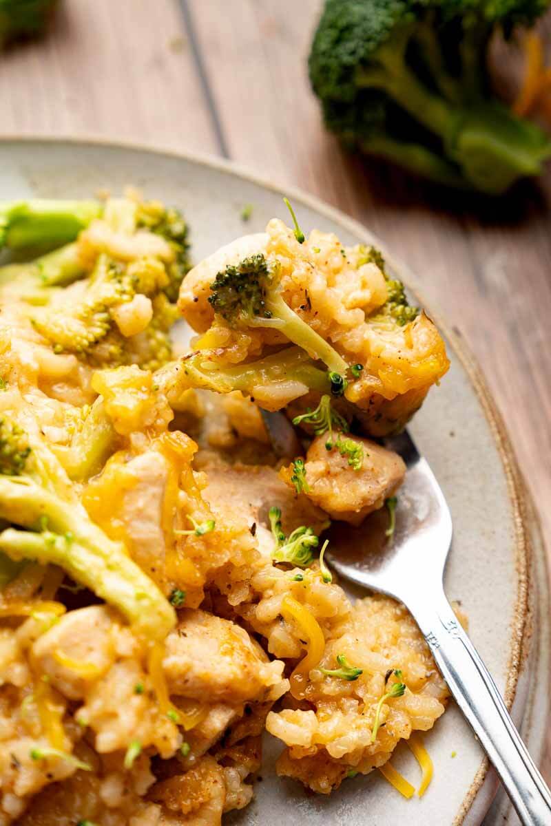 close-up of creamy chicken and rice with broccoli and melted cheddar cheese