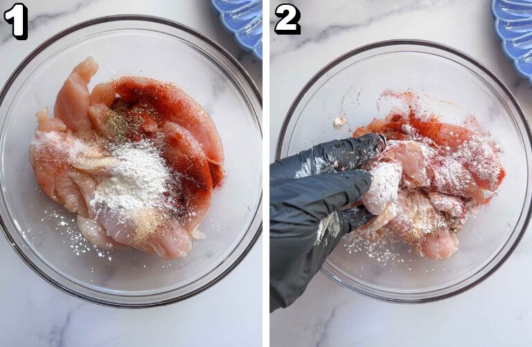 raw chicken tenderloins in a bowl with spices and corn starch 