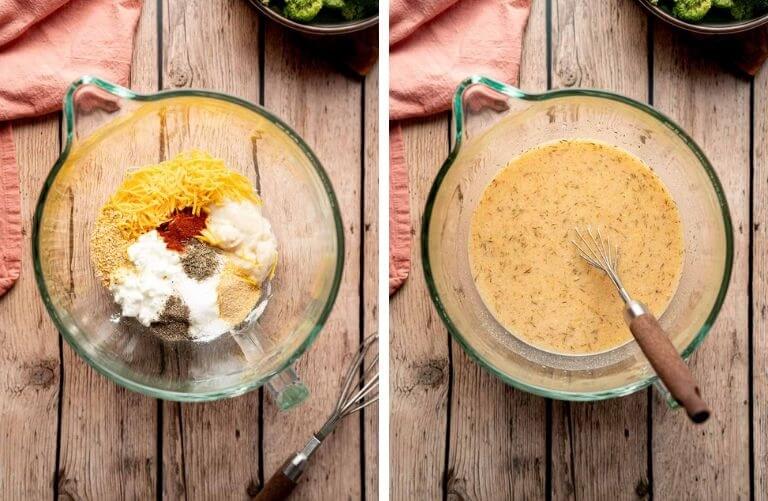 bowl of casserole ingredients before and after whisking into a creamy mixture