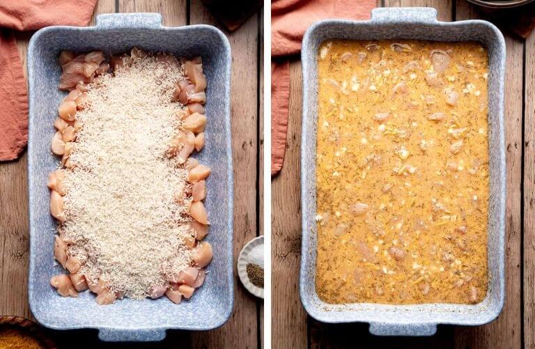 baking dish filled with chicken, rice, and liquid mixture ready to bake
