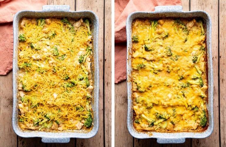 baking dish with broccoli chicken rice casserole