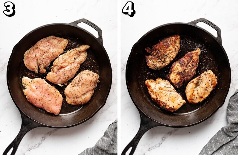chicken cooking in cast iron pan