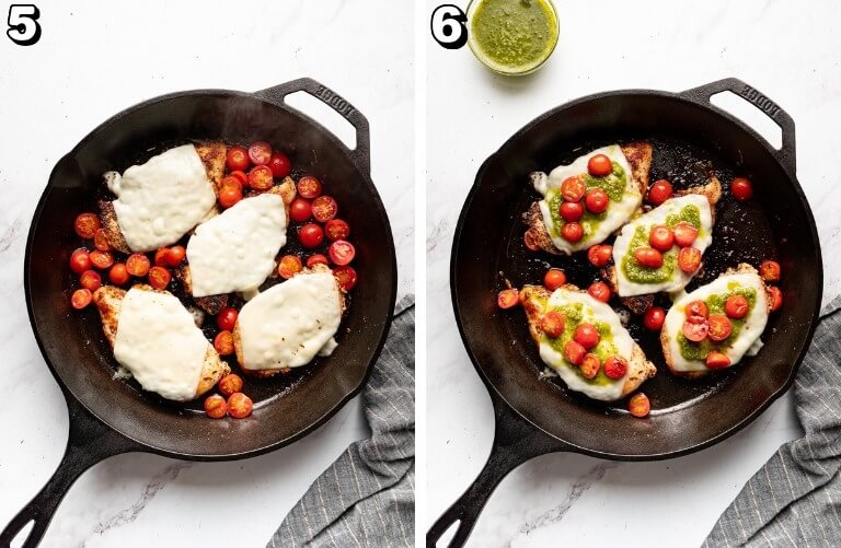 chicken topped with mozzarella, pesto, and tomatoes in a big cast iron pan