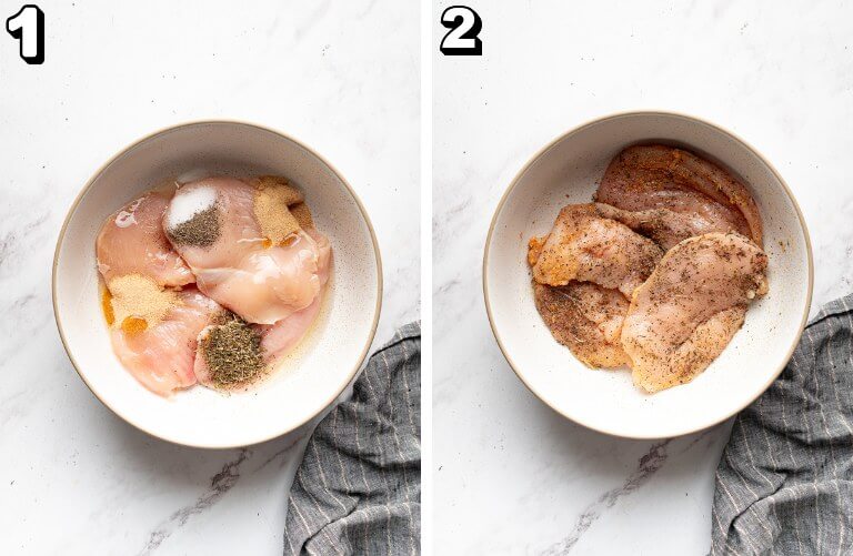 bowl of raw chicken with spices mixed in