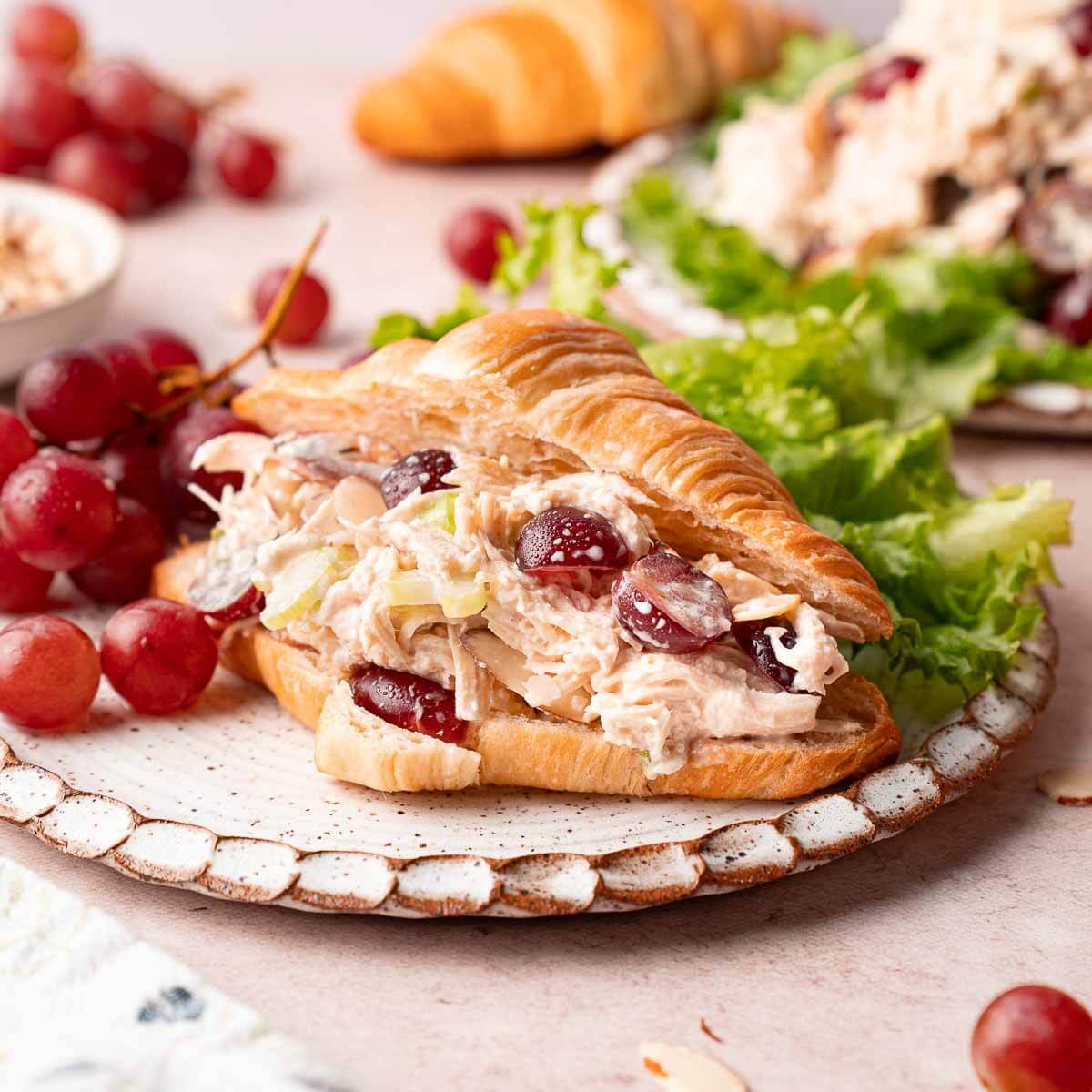 Chicken salad with grapes served on a flaky croissant with lettuce and sliced almonds on a white plate. Grapes on the side.