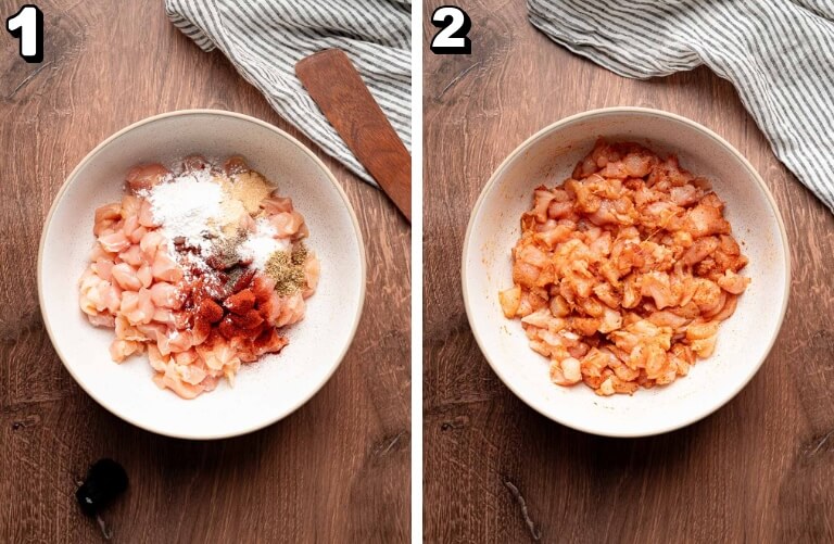 Step one photo: Raw diced chicken with seasonings in mixing bowl Step two photo: Chicken mixed with seasoning in bowl