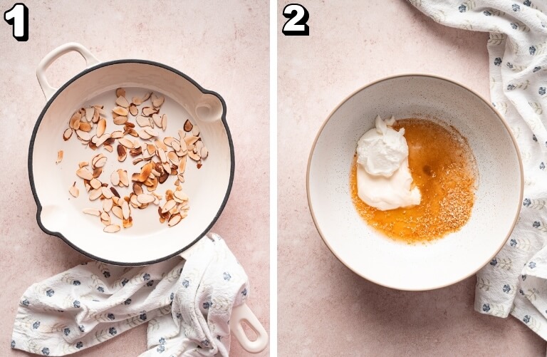 step one image: skillet showing almonds toasting

step two image: bowl with mayo, greek yogurt, spices, and honey ready to be mixed.