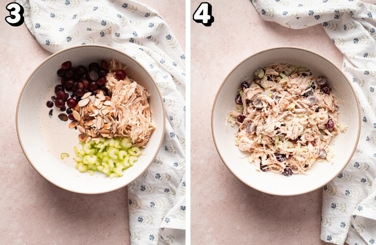 step three photo: chicken, grapes, celery in a bowl

step four image- all ingredients mixed together in a bowl