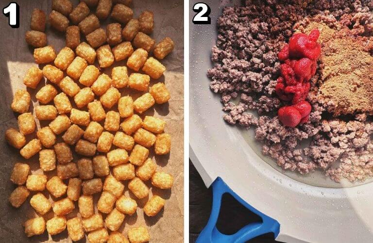 Crispy baked tater tots on a parchment-lined baking sheet, ground beef cooking in a pan with tomato paste and seasoning
