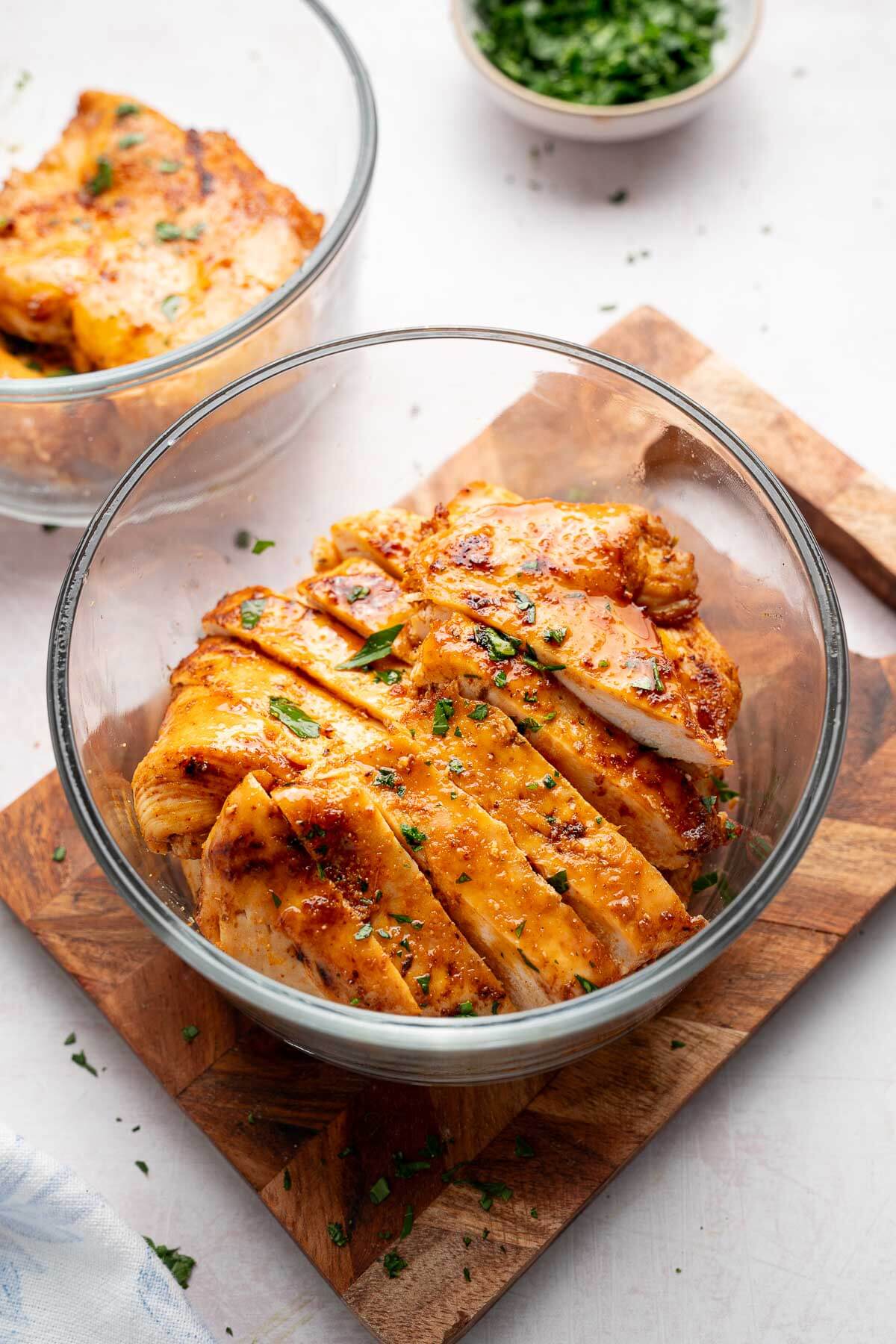 sliced chicken breast in meal prep container