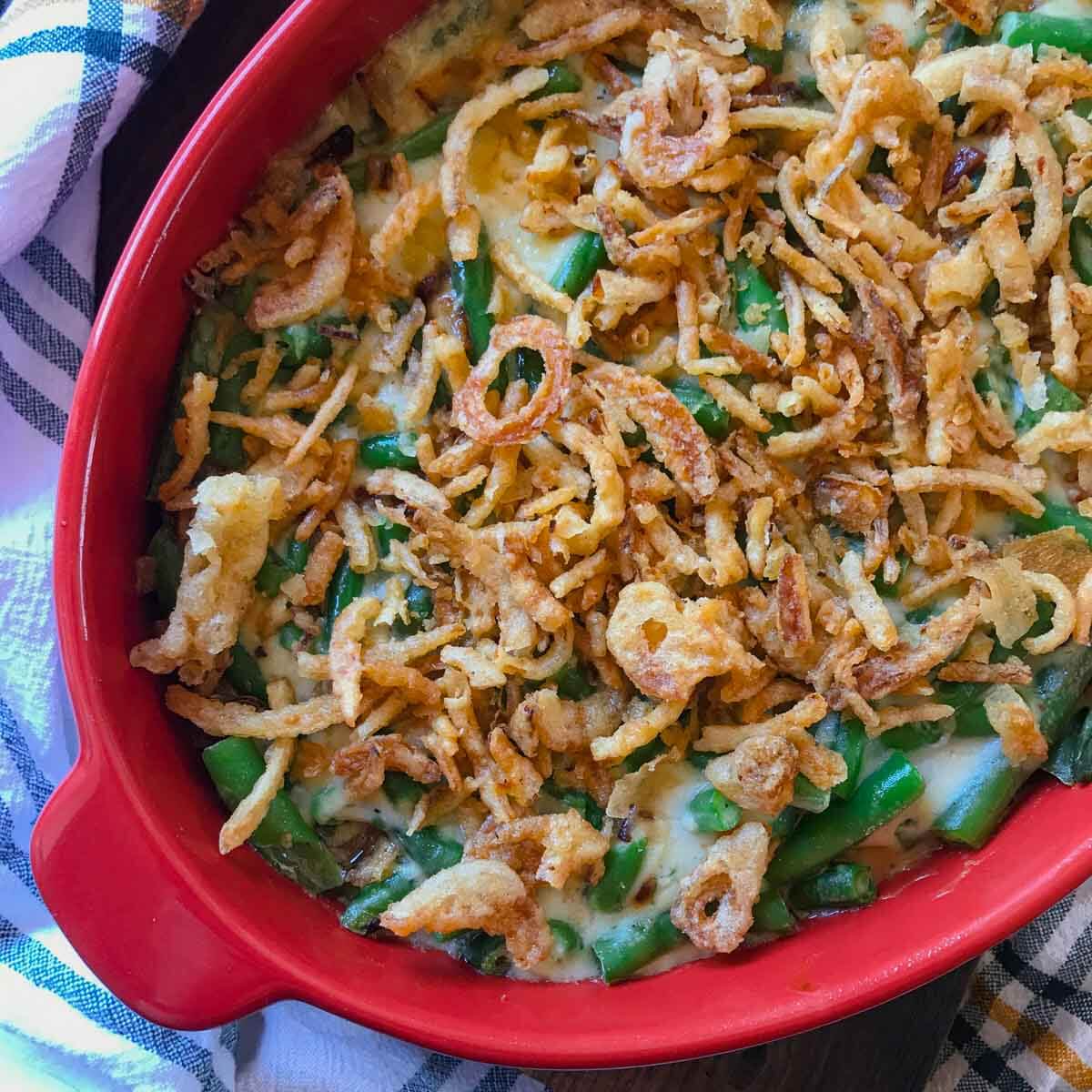 green bean casserole with fried onion topping
