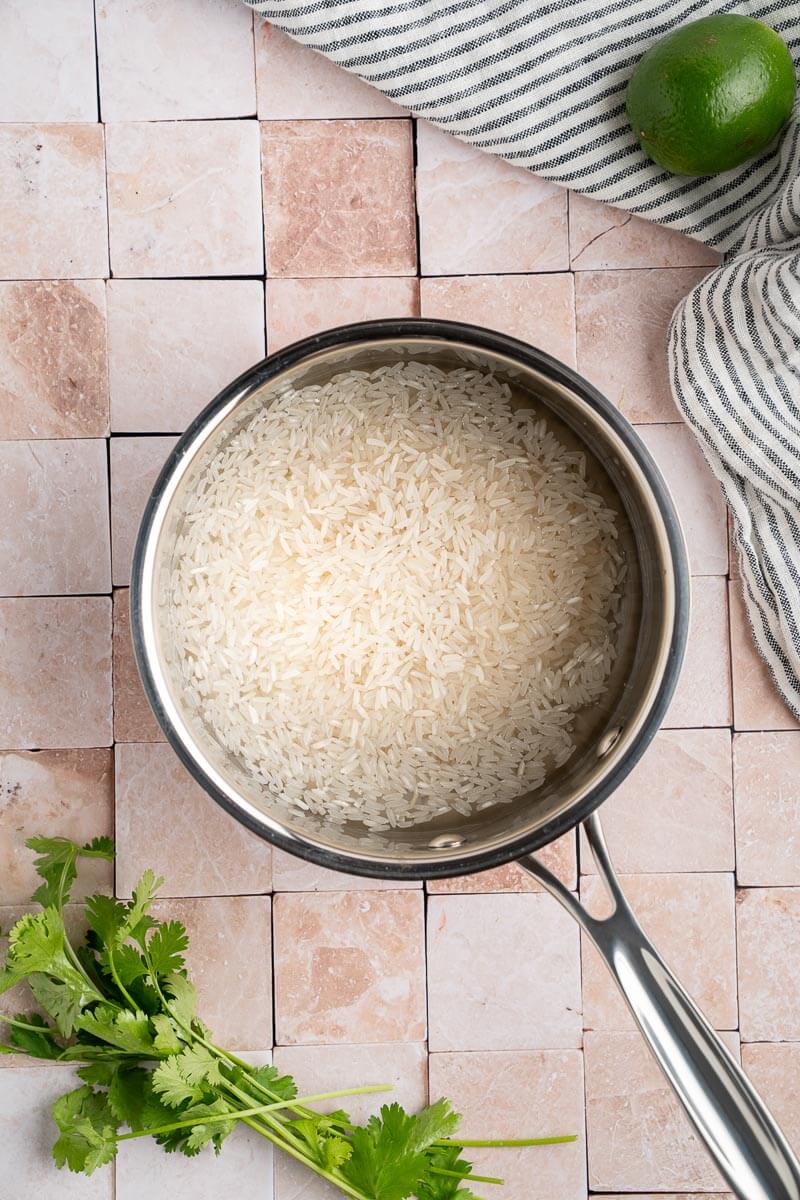 rice and water in a pot