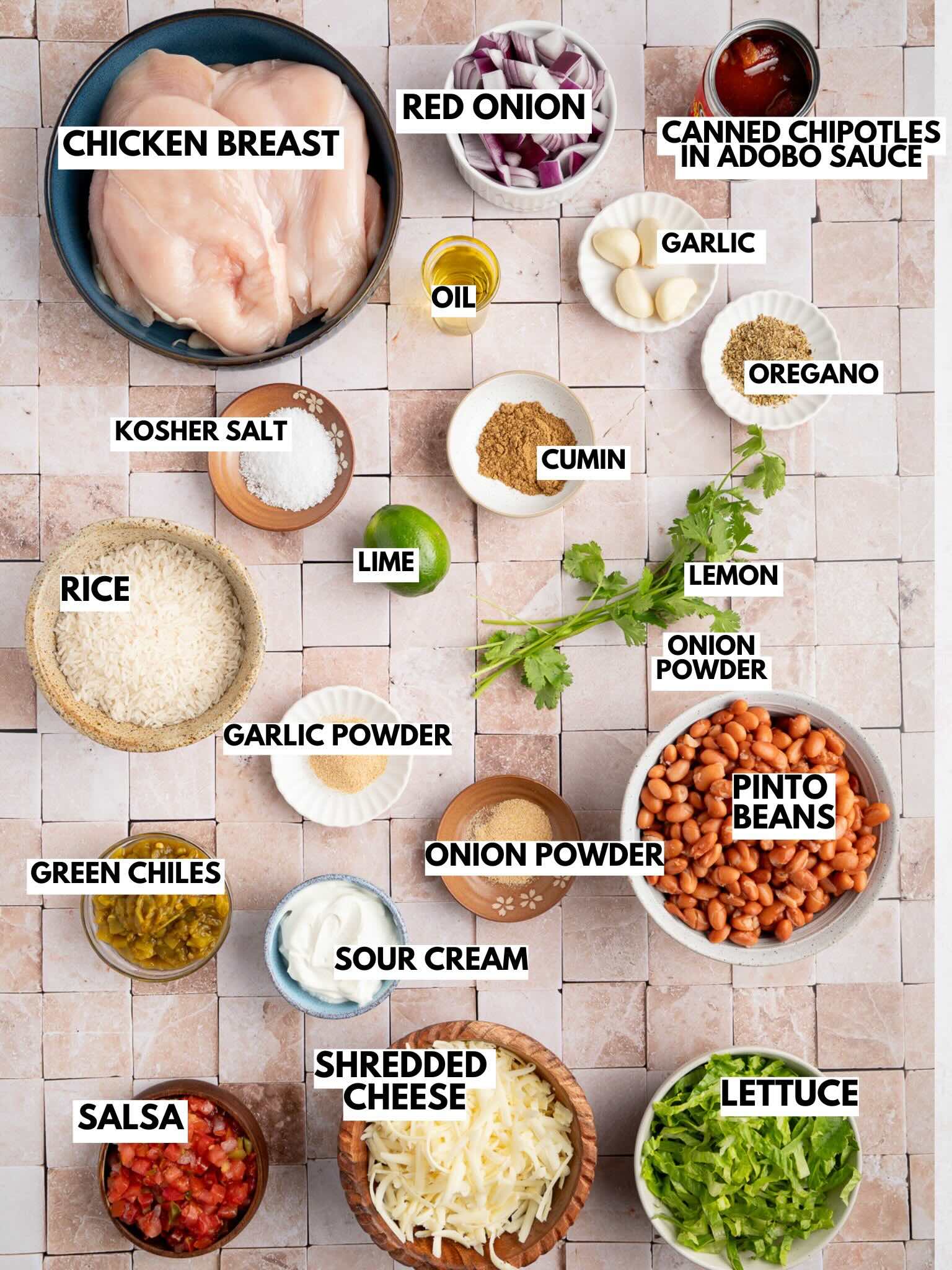 ingredients: chicken breast, spices, cilantrol, lime, chipotle peppers, pinto beans, rice, lettuce, sour cream, cheese