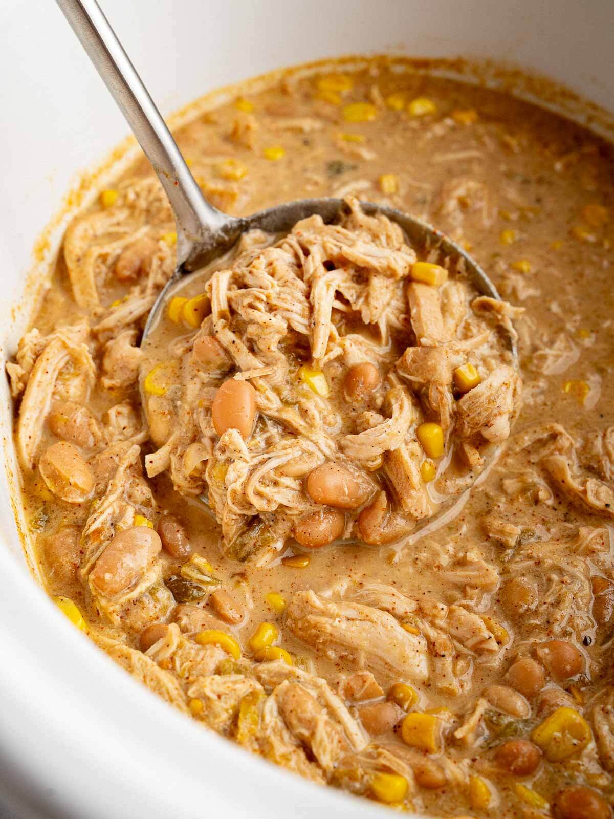 ladle in a crockpot of white chicken chili.
