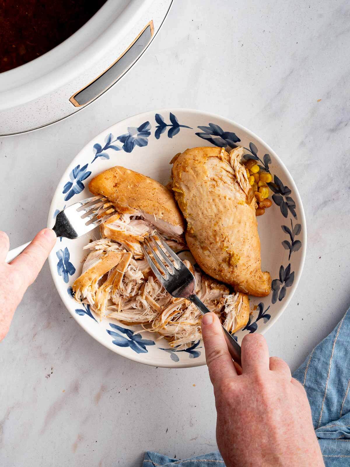 chicken breast in a bowl being shredded. 