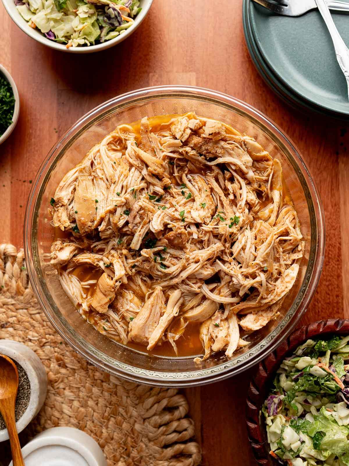 crockpot shredded chicken in a bowl ready to use.